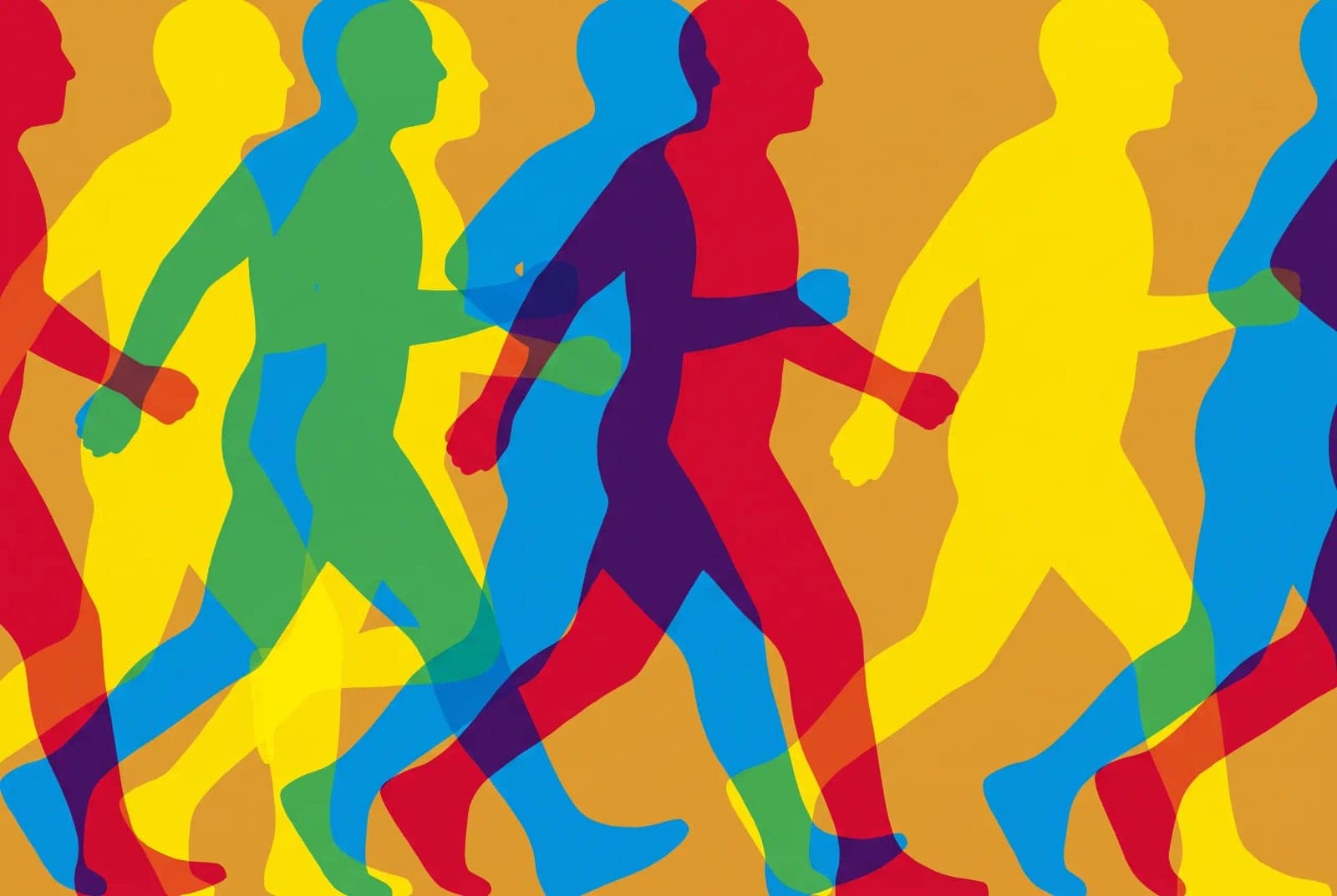 Overlap Motion Figures, The same runner repeated across the frame in translucent overlapping colour
