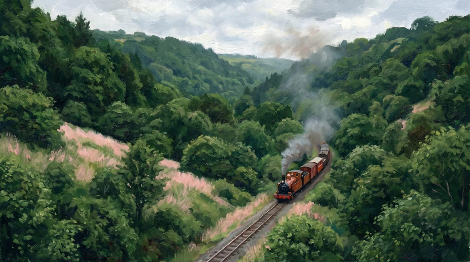 Painted Railway Valley, A steam train running through a deep green valley of painted detail