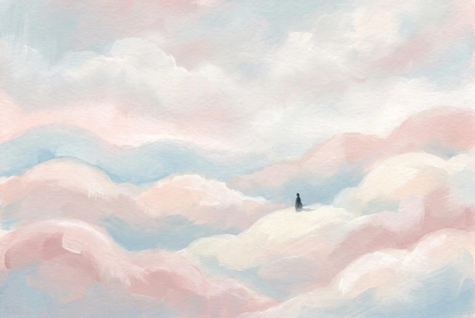 Pastel Cloud Painting, Soft painted clouds, a tiny figure, and colour that keeps drifting