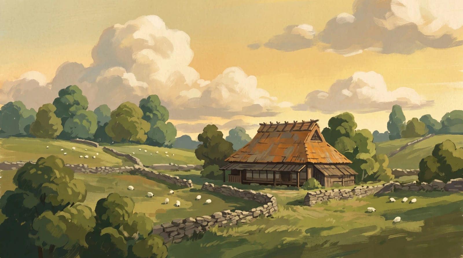 Pastoral Anime Background, A painted countryside background from an animated film, no characters in sight