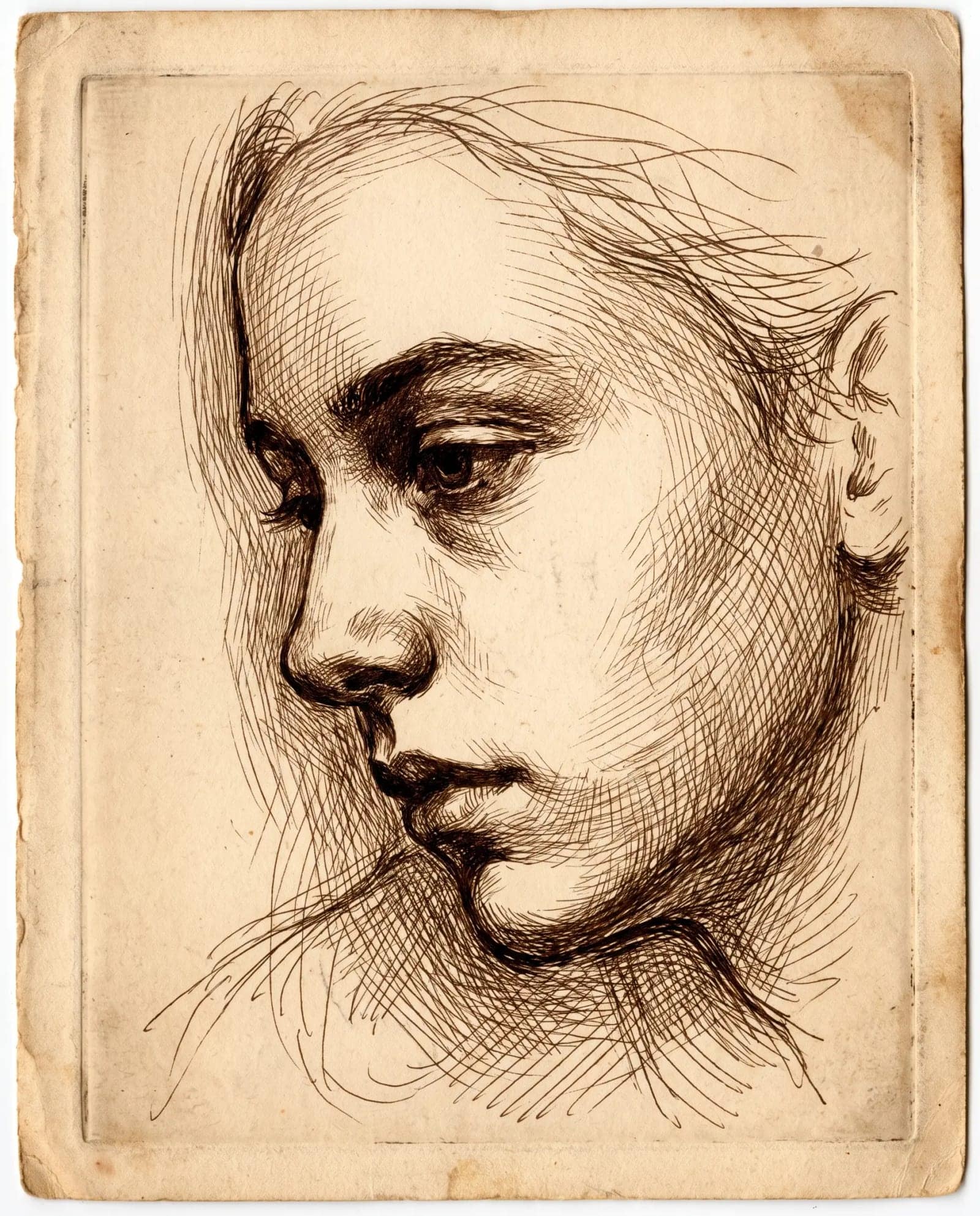 Pen Engraving Study, Cross hatched pen work, a classical head, and a lot of bare paper