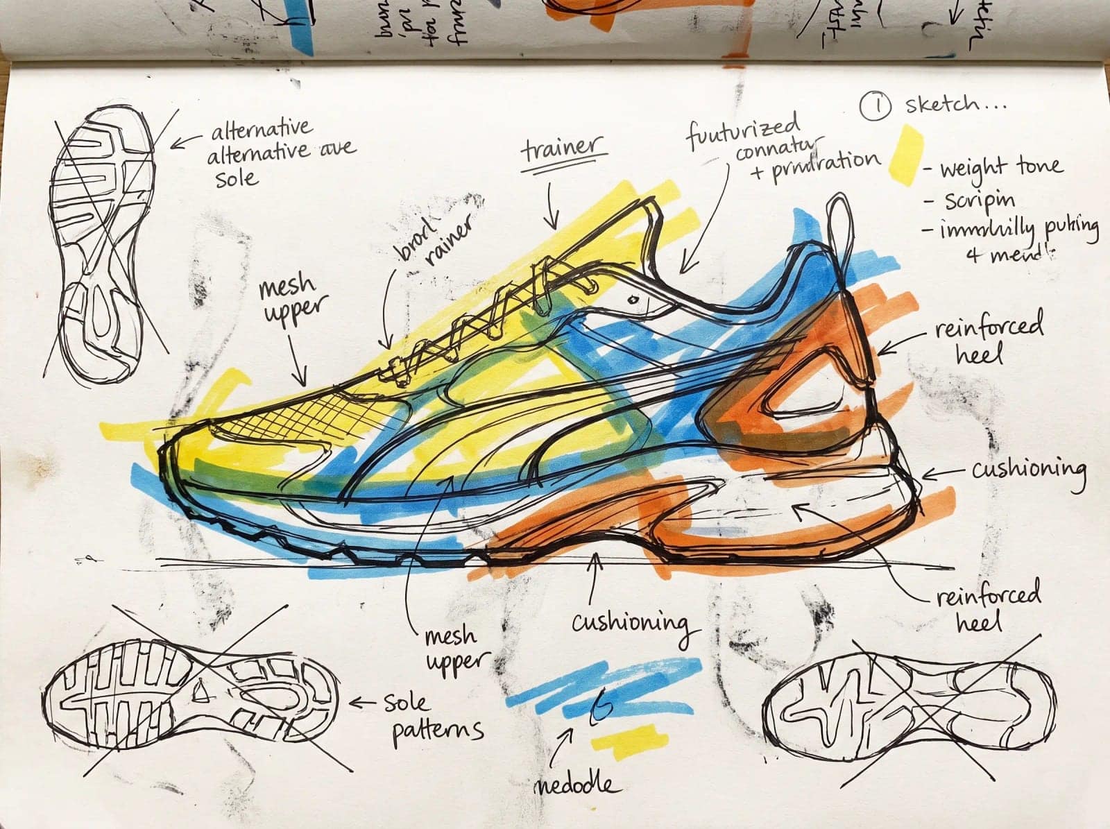 Product Design Sketch, A concept sketch with marker colour, callouts and handwriting all over it