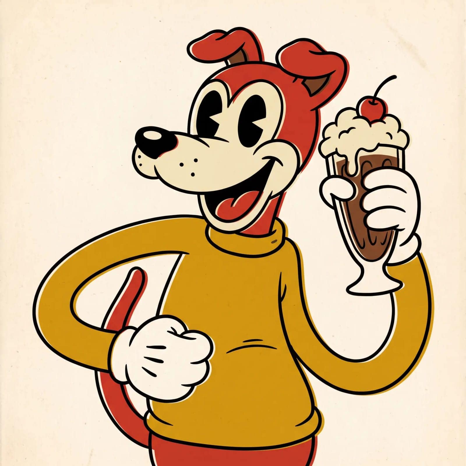 Retro Mascot Cartoon, Rubber hose limbs, gloved hands and a grin doing all the selling