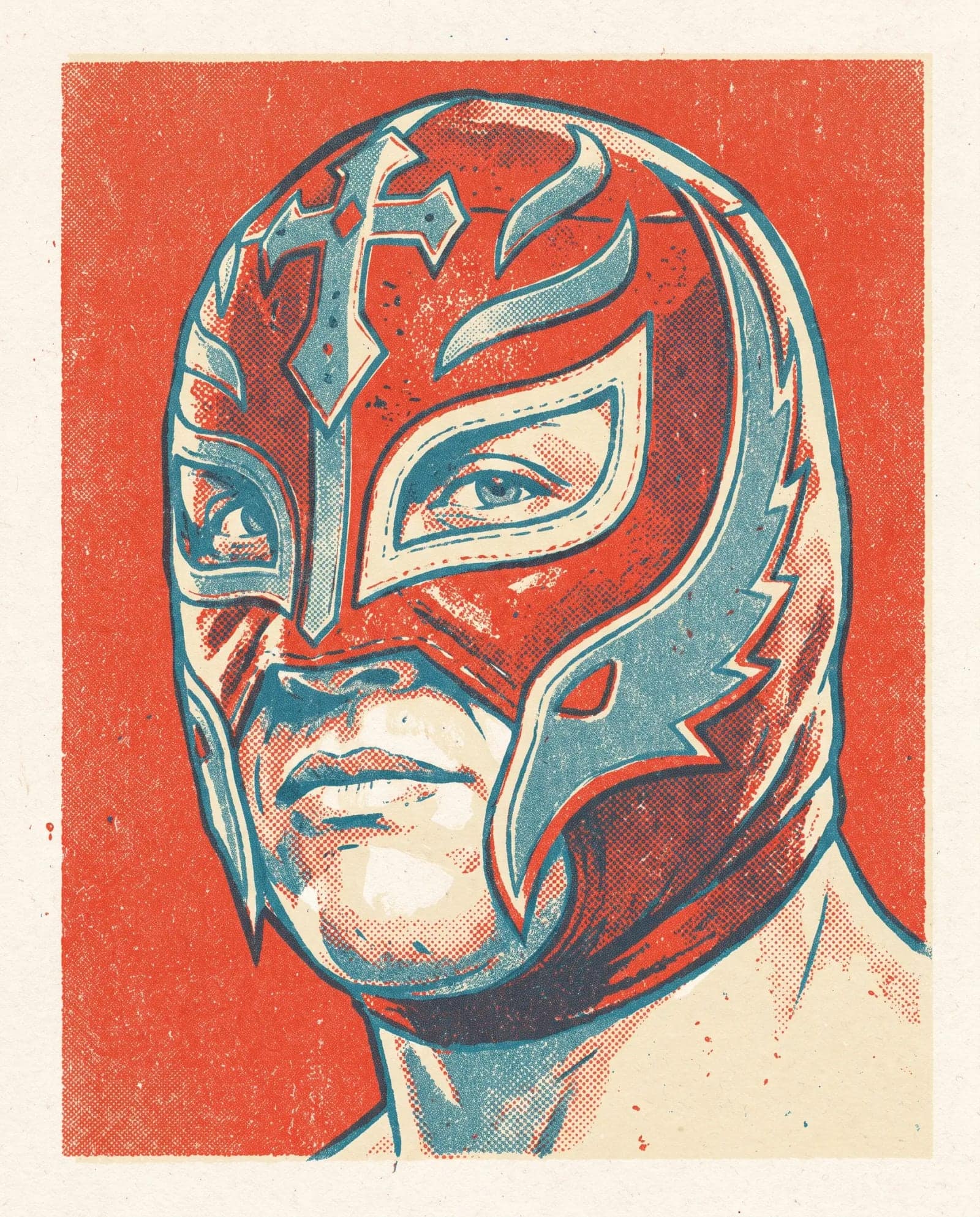 Riso Grain Portrait, A portrait printed in two grainy inks, heroic and slightly degraded