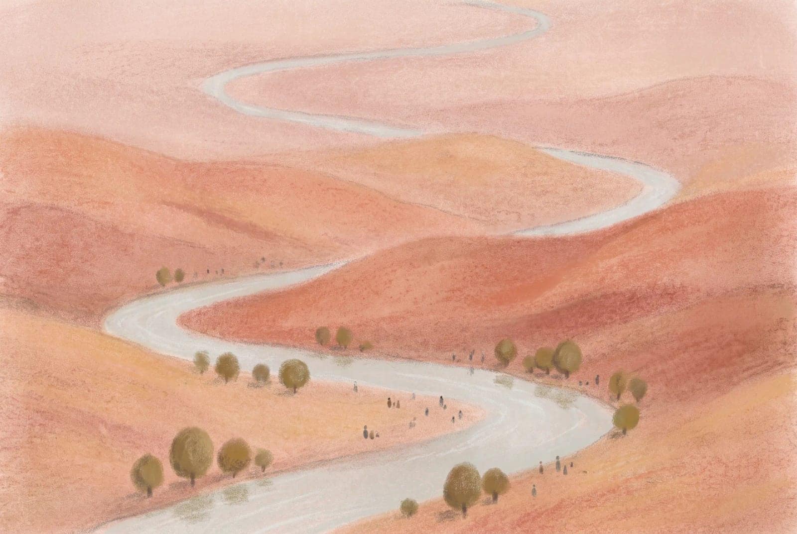 Soft Pastel Map Landscape, A landscape seen from above in dusty pinks, with a river winding through
