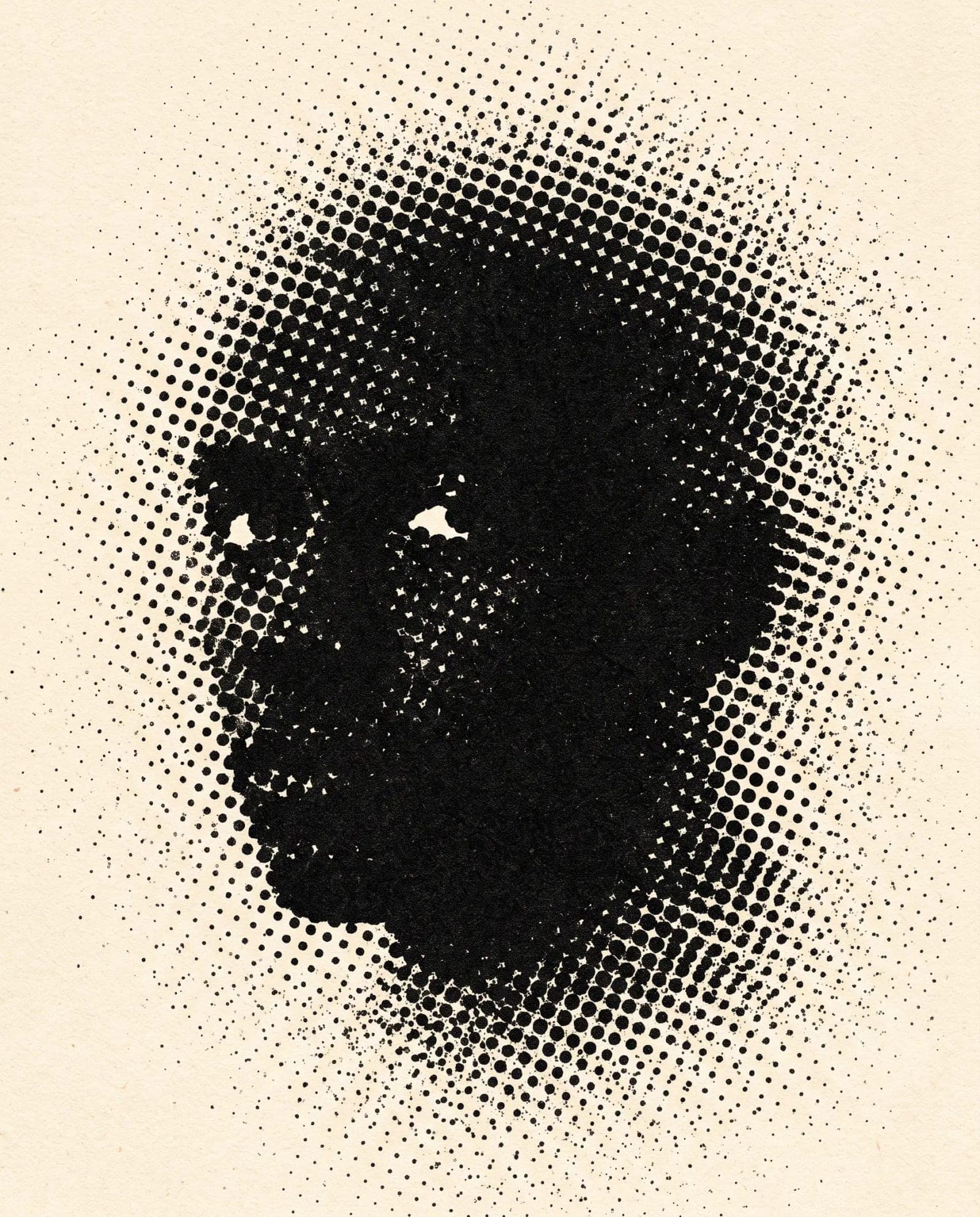 Spray Halftone Portrait, A silhouette built from sprayed dots, glowing where the ink thins out
