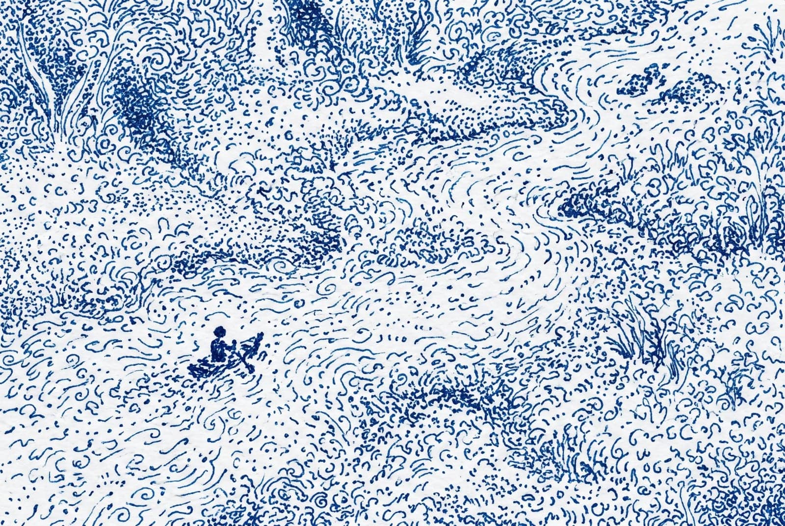 Squiggle Stipple Aerial, An aerial scene drawn entirely in tiny blue squiggles and dots