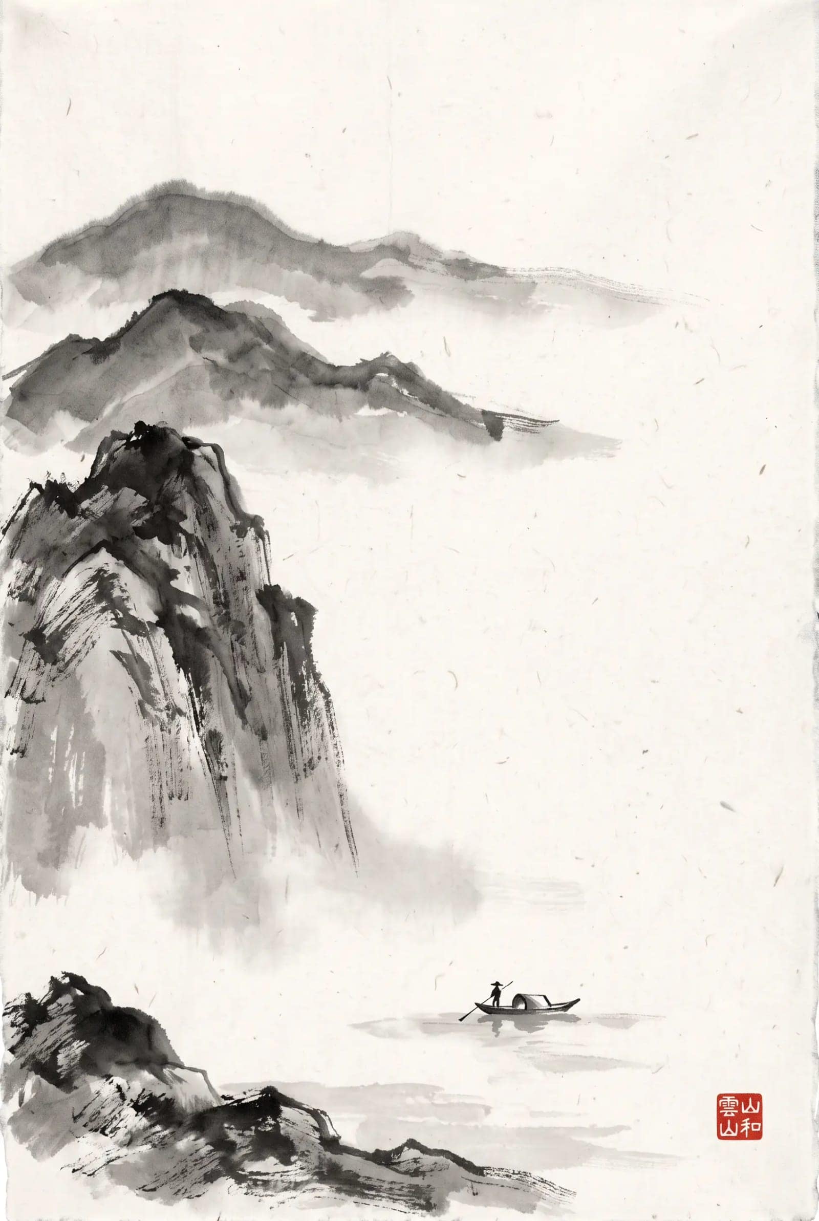 Sumi-e Ink Landscape, Ink on absorbent paper, mountains implied and most of the page empty