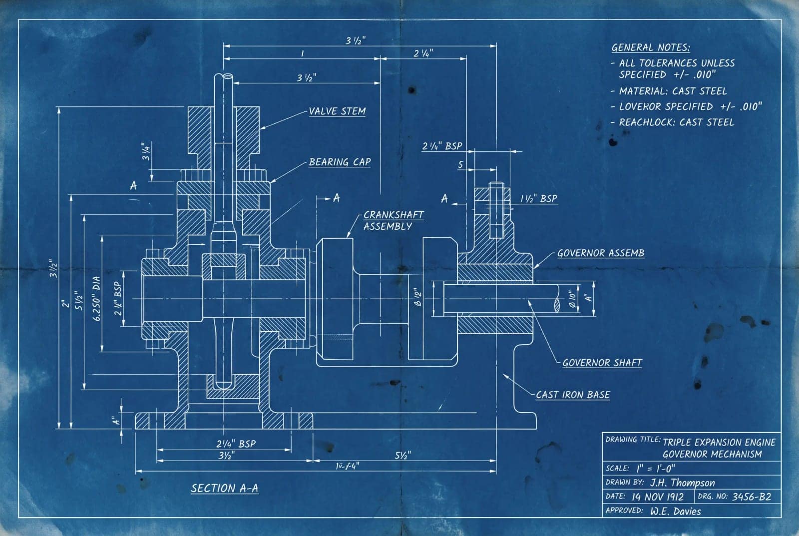 Technical Blueprint, White line on prussian blue, annotated by someone who knew the machine