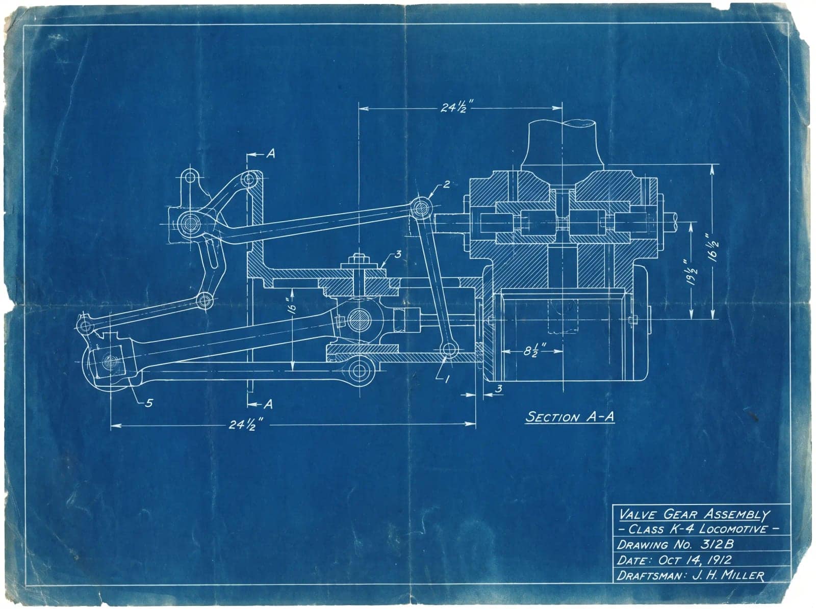 Technical Blueprint, White line on prussian blue, annotated by someone who knew the machine