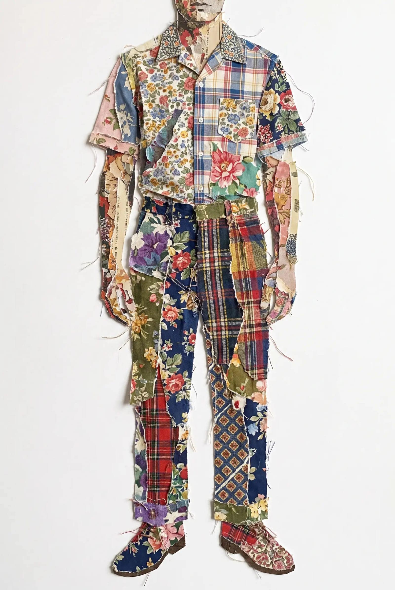 Textile Collage Figure, A standing figure assembled from cut scraps of patterned fabric