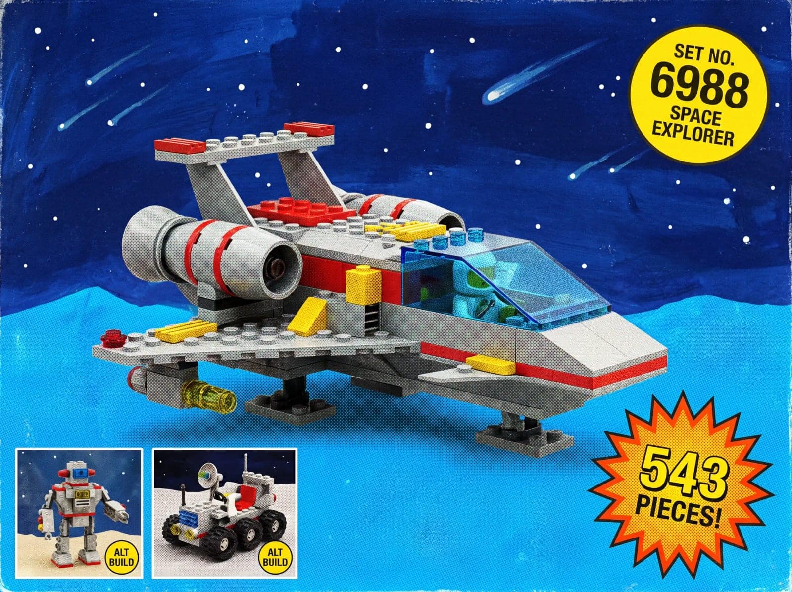 Toy Brick Box Art, A built model photographed on primary colour, with a set number badge
