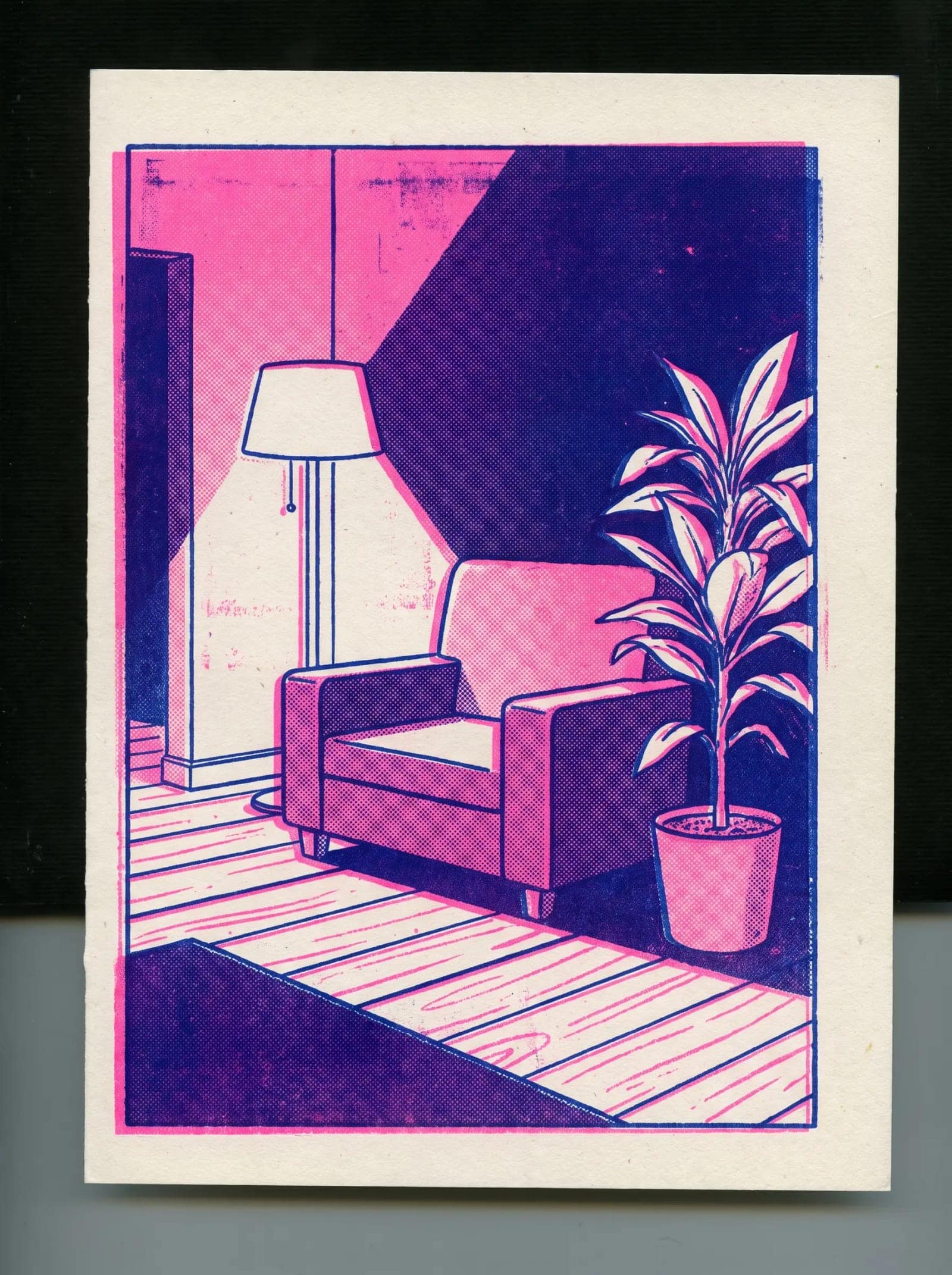 Two-colour Risograph, Two inks, honest misregistration and grain you can feel through the paper