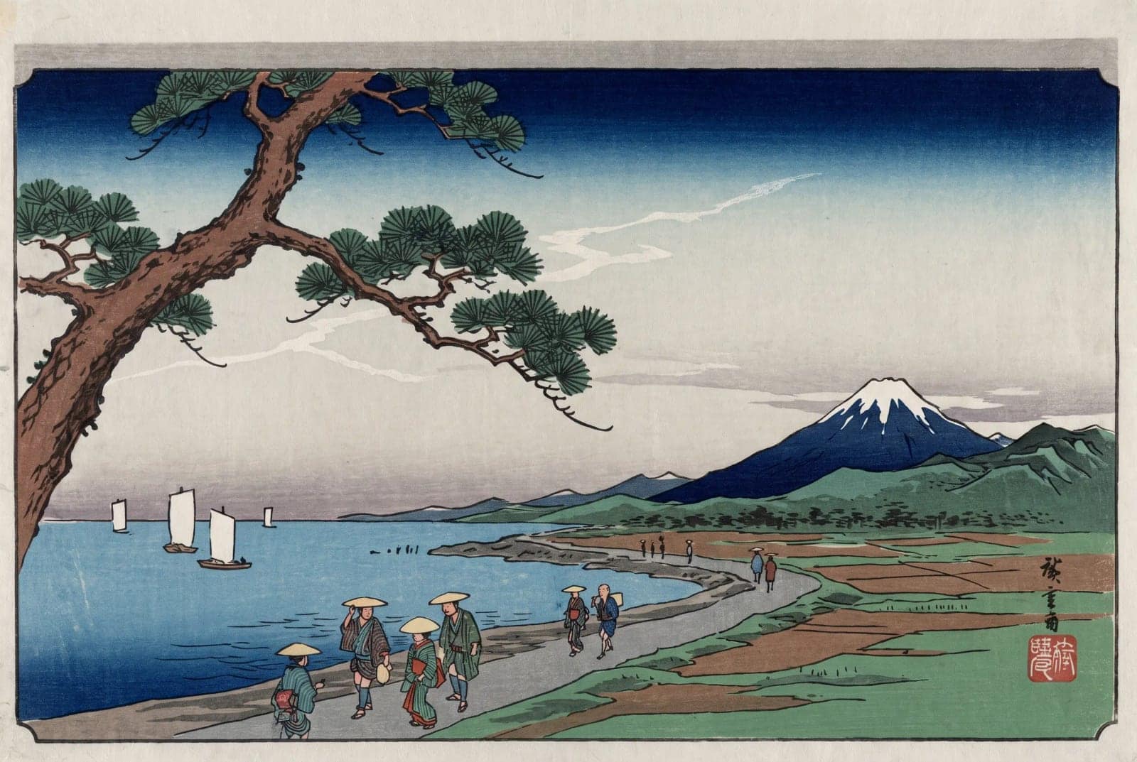 Ukiyo-e Landscape, Carved line, flat colour fields and a bokashi gradient in the sky