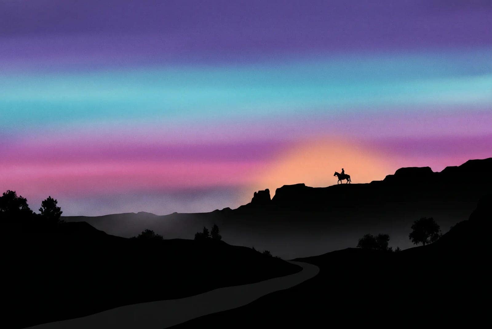 Neon Dusk Gradient, A silhouette against a banded sky that has no business being that colour