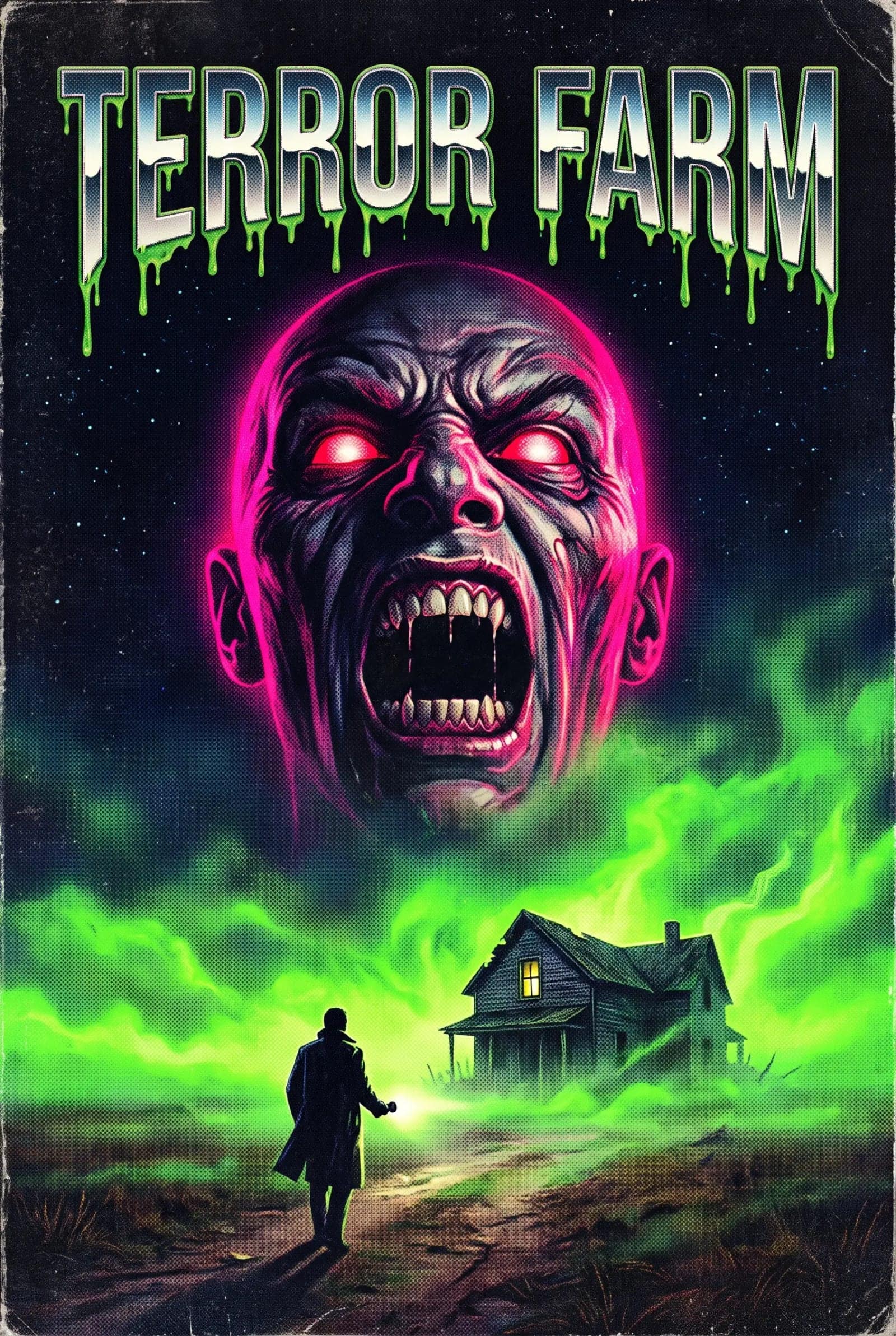 VHS Horror Cover, Airbrushed dread, a floating face and type that drips