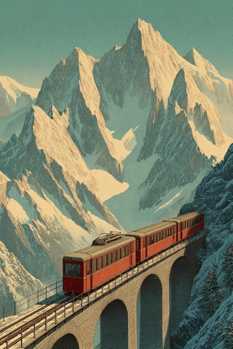 Vintage Travel Poster, Flat colour, simplified landscapes and oversized destination type